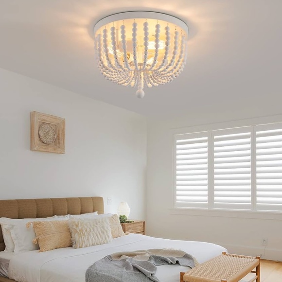 Light Fixture Ceiling Flush Mount White Wood Beaded Vintage Boho/Farm Style - Picture 6 of 9